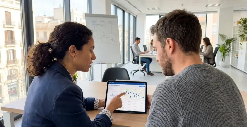 Dos personas en conversación analizando gráficos de precios inmobiliarios en una tablet con gestos naturales en ambiente interior moderno Dos personas en conversación analizando gráficos de precios inmobiliarios en una tablet con gestos naturales en ambiente interior moderno