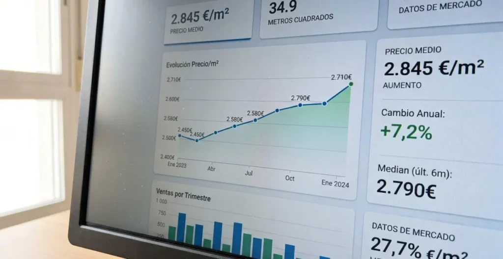 Primer plano extremo de pantalla de ordenador mostrando dashboard con métricas de precios por metro cuadrado y gráficos de evolución temporal ligeramente desenfocados Primer plano extremo de pantalla de ordenador mostrando dashboard con métricas de precios por metro cuadrado y gráficos de evolución temporal ligeramente desenfocados